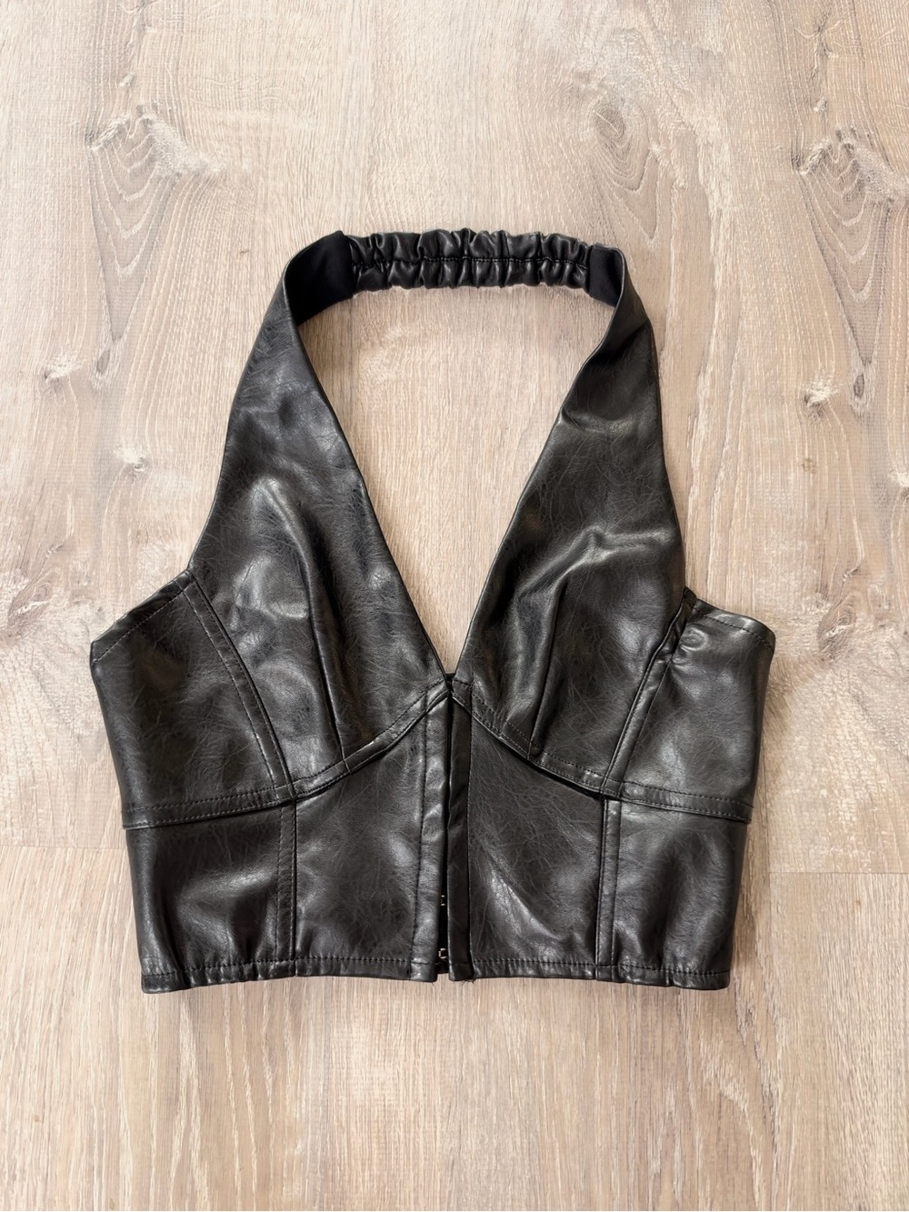 ANWND Black Leather-Look Halter Crop Top Size Small
